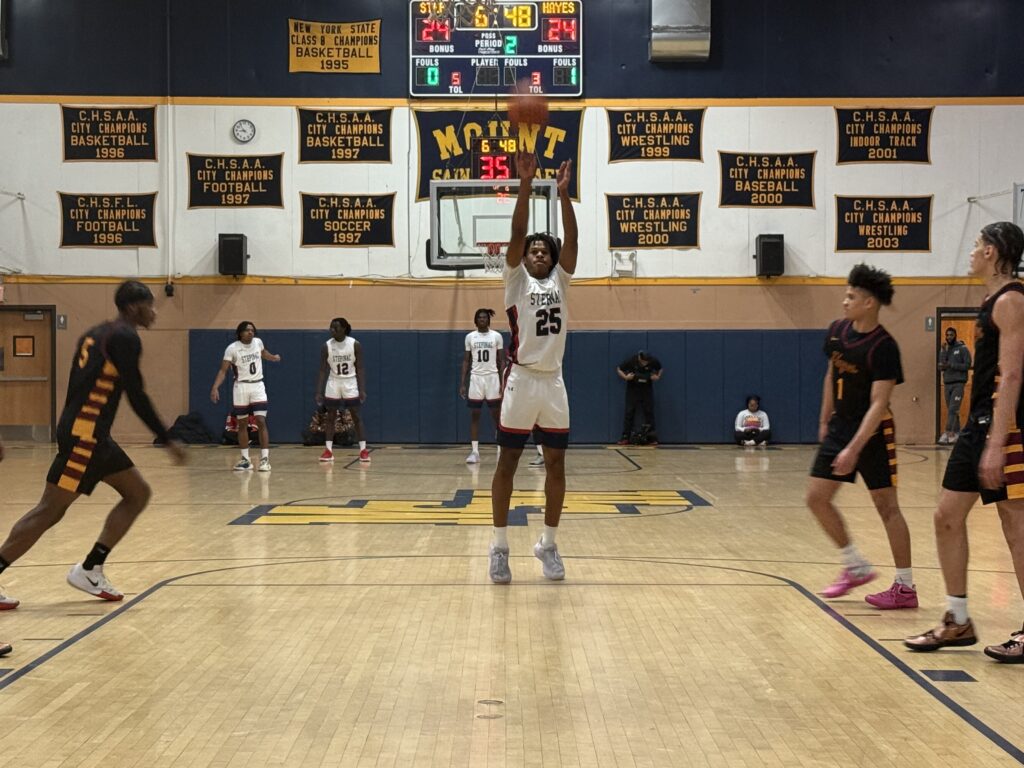 Archbishop Stepinac high scorer Jasiah Jervis shoots from the foul line during his team’s 77-62 victory over Cardinal Hayes on February 19, 2025.