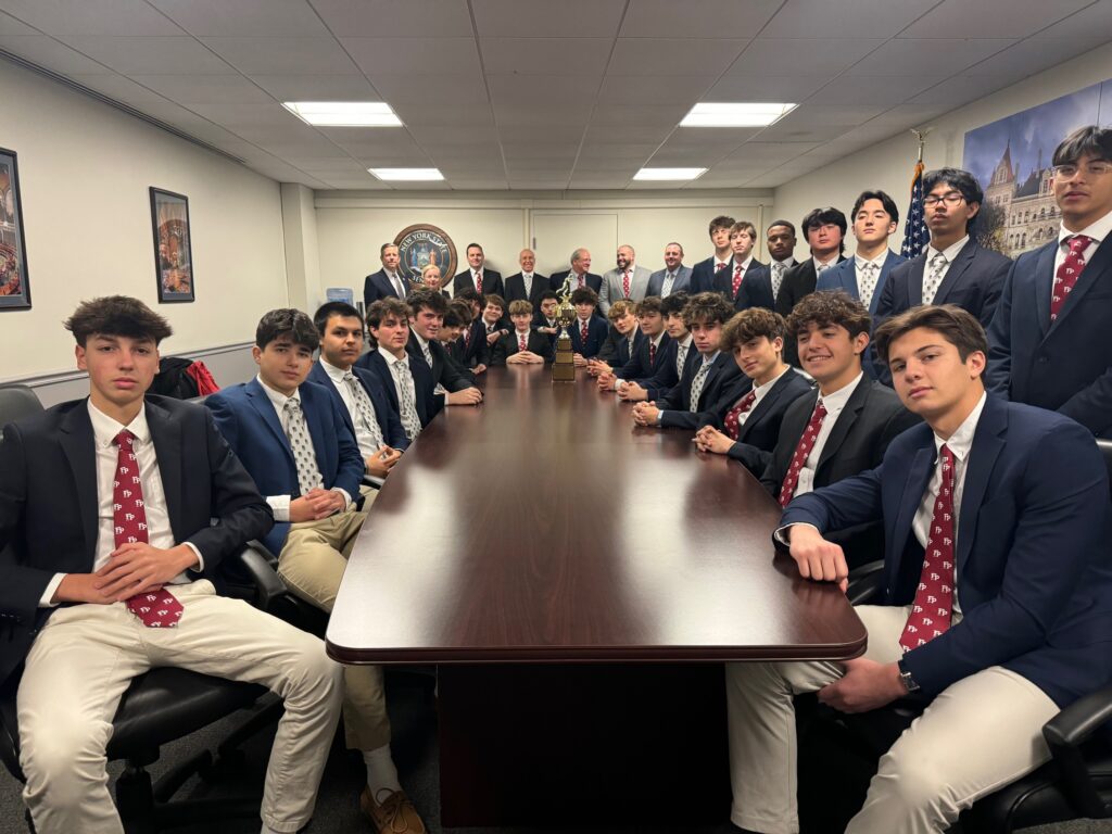 Players and coaches of the triple crown-winning Fordham Preparatory School soccer team visited the New York State Capitol in Albany on February 10, 2025, and were honored by both the State Assembly and Senate.