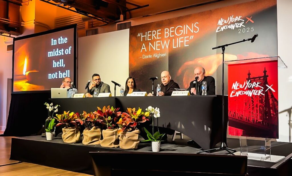 Archbishop Gabriele Caccia, the Permanent Observer of the Holy See to the United Nations, moderates a panel discussion on Sunday, February 16, “In the Midst of Hell, Not Hell” at this past weekend’s New York Encounter. This discussion on the struggles and perseverance of those living in the Holy Land today concluded with a special message read aloud from the Latin Patriarch of Jerusalem, Cardinal Pierbattista Pizzaballa, OFM. (Photo: The Good Newsroom/Mary Shovlain)