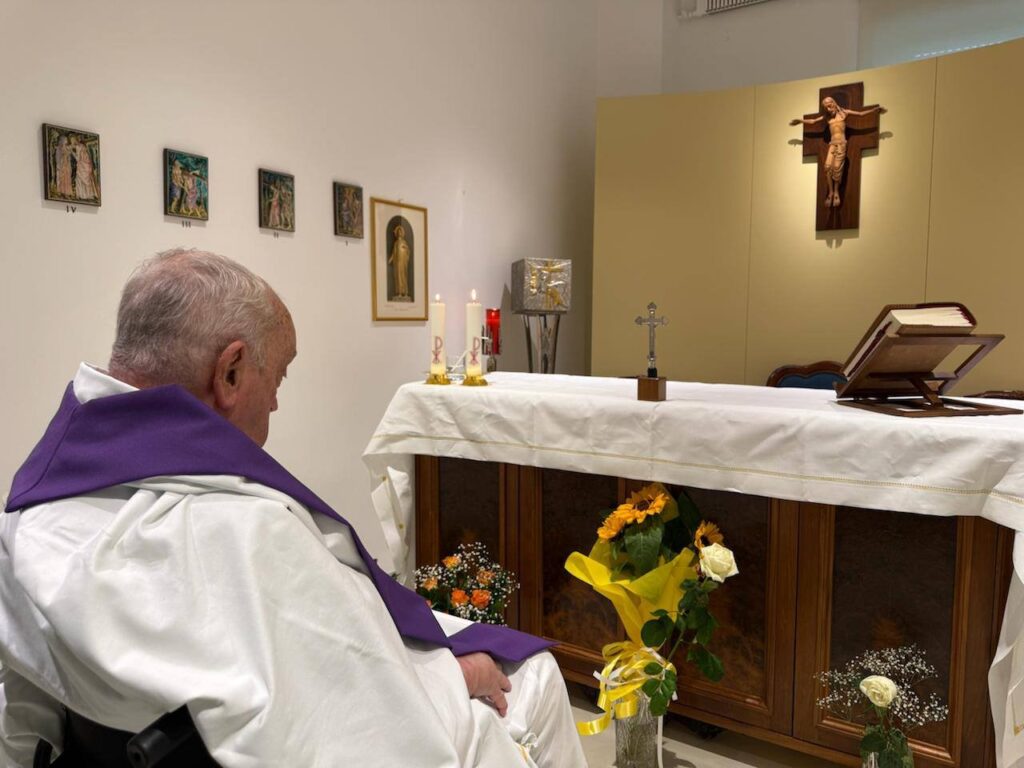 Pope Francis is seen in the chapel of his suite of rooms at Rome's Gemelli hospital March 16, 2025.