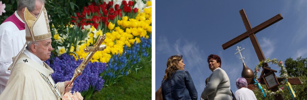 In this combination photo Pope Francis walks past flowers as he celebrates Easter Mass in St. Peter's Square at the Vatican April 16, 2017, and Members of the Ukrainian community in Sacramento, California, attend an Orthodox Easter service at St. Andrew Ukrainian Catholic Church April 24, 2022.