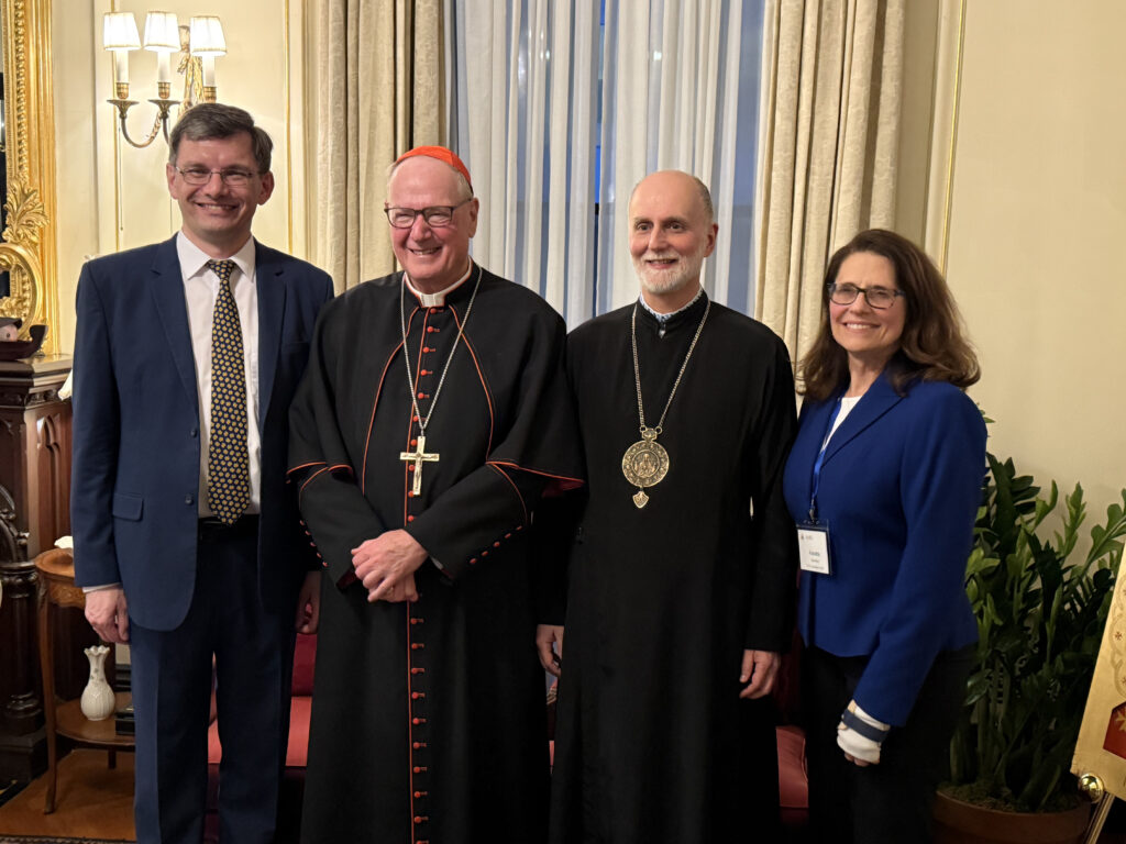 From left: Taras Dobko, Ph.D., rector of Ukrainian Catholic University; Cardinal Timothy Dolan; Archbishop Borys Gudziak; and Annetta Hewko, chief executive officer of the Ukrainian Catholic University Foundation pose for a photo during a Manhattan reception on March 19, 2025.