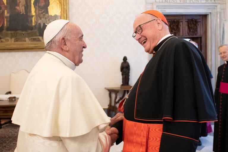 Pope Francis greets Cardinal Timothy M. Dolan of New York during a meeting with bishops from the state of New York in the Apostolic Palace at the Vatican November 15, 2019.