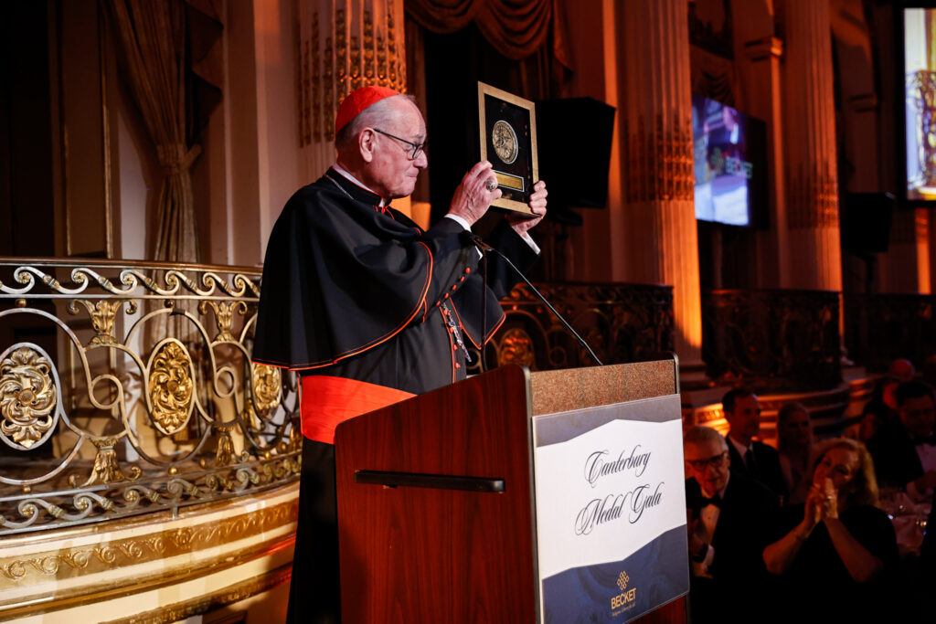 Cardinal Timothy Dolan displays the 2025 Canterbury Medal, awarded to him by The Becket Fund on May 22, 2025 in Manhattan.