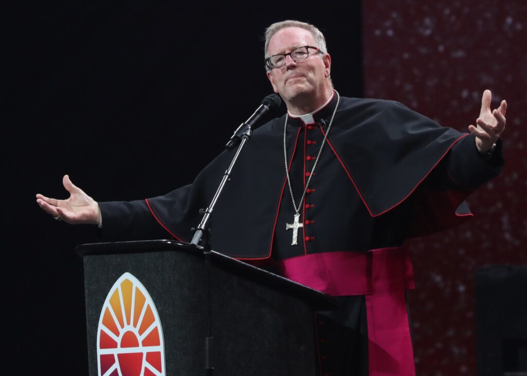 Bishop Robert E. Barron of Winona-Rochester, Minnesota, speaks during the July 20, 2024, revival night of the National Eucharistic Congress at Lucas Oil Stadium in Indianapolis.