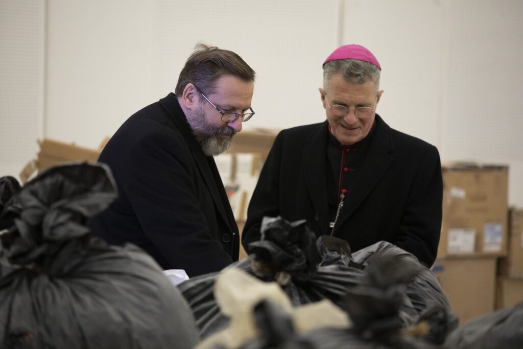Archbishop Timothy P. Broglio, head of the U.S. Archdiocese for the Military Services, visits the basement of the Ukrainian Catholic Cathedral of the Resurrection with Major Archbishop Sviatoslav Shevchuk of Kyiv-Halych in Kyiv, Ukraine, December 29, 2022.