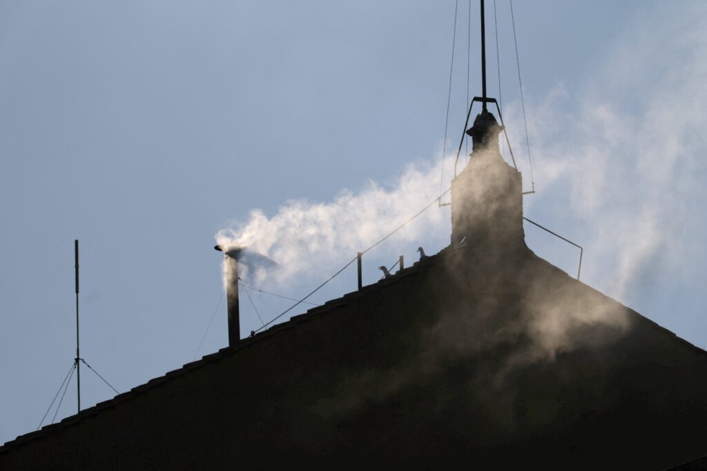 White smoke billows from the chimney of the Vatican's Sistine Chapel May 8, 2025, indicating a new pope has been elected. Photo: OSV News/Hannah McKay, Reuters