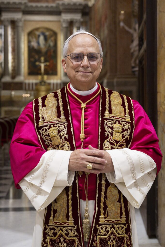 Pope Leo XIV, the former Cardinal Robert F. Prevost, poses for a portrait in the Pauline Chapel of the Apostolic Palace at the Vatican May 8, 2025, soon after his election in the Sistine Chapel.