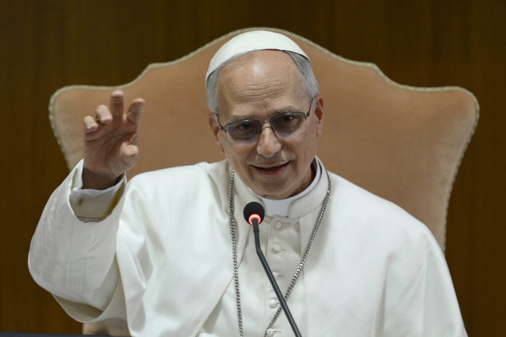 Pope Leo XIV speaks with the College of Cardinals in the New Synod Hall at the Vatican May 10, 2025, during his first formal address to the college since his election May 8.
