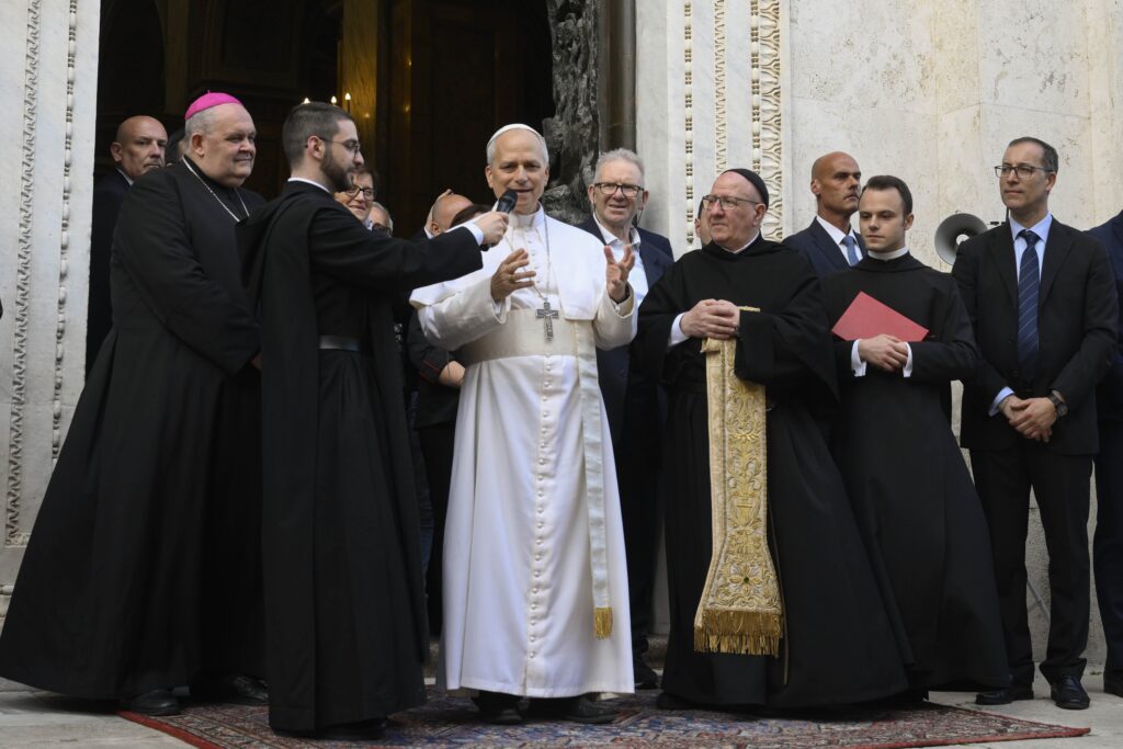 Pope Leo XIV greets a crowd outside the Shrine of Our Lady of Good Counsel in Genazzano, Italy, southeast of Rome, May 10, 2025.