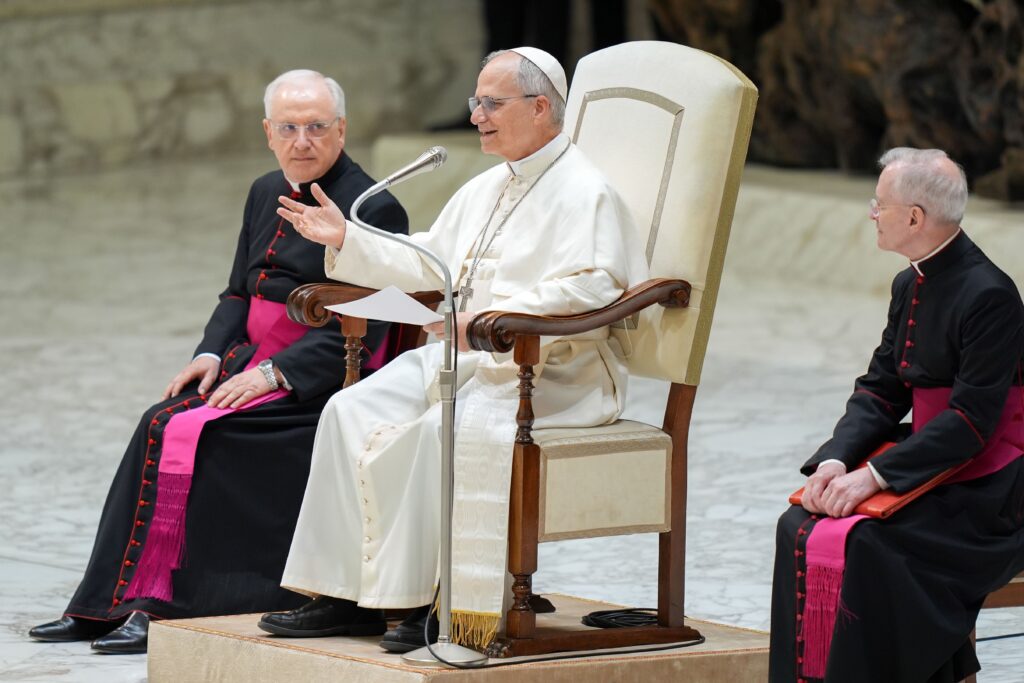 Pope Leo XIV speaks to representatives of the media who covered his election in the Paul VI Audience Hall at the Vatican, May 12, 2025.