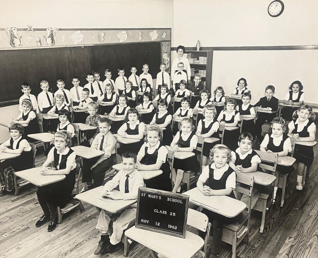 This photo shows the second-grade class of Robert Prevost, now Pope Leo XIV, at St. Mary of the Assumption School in Riverdale, Illinois, in 1962.