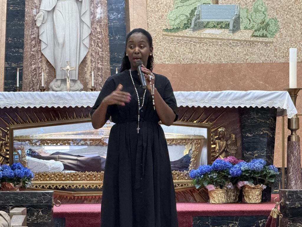 Survivor of the 1994 genocide in Rwanda, Immaculée Ilibagiza, tells her story of hope at the St. Frances Xavier Cabrini Shrine in Washington Heights on May 7, 2025.