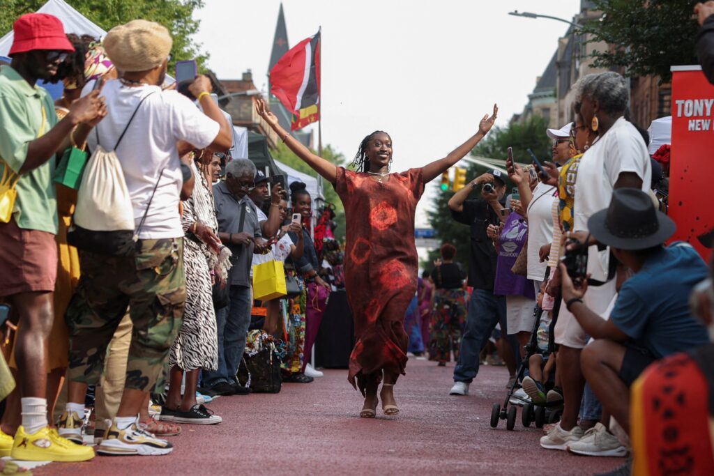 A model presents creations by local designers during a Juneteenth celebration in Brooklyn on June 19, 2023.