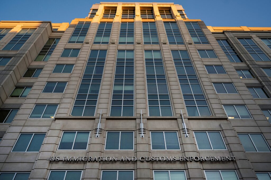 Sunlight hits the U.S. Immigration and Customs Enforcement building in Washington on January 18, 2025.