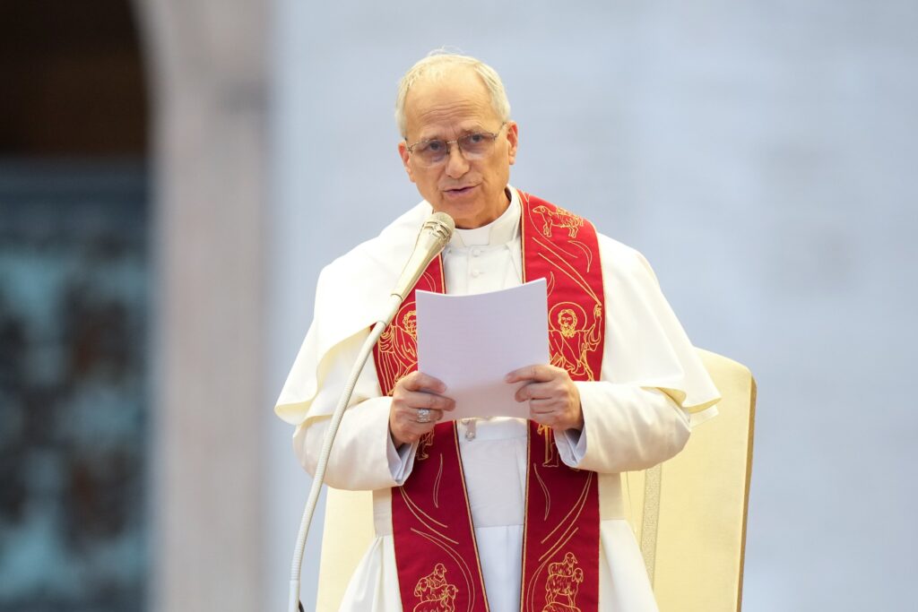 Pope Leo XIV gives his homily at a Pentecost prayer vigil in St. Peter's Square at the Vatican on June 7, 2025, with participants in the Jubilee of Ecclesial Movements, Associations, and New Communities.