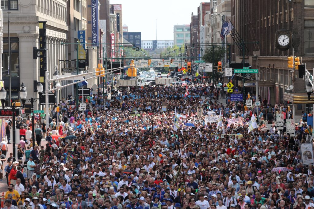 Thousands of pilgrims join the final Eucharistic procession of the National Eucharistic Congress in downtown Indianapolis on July 20, 2024.
