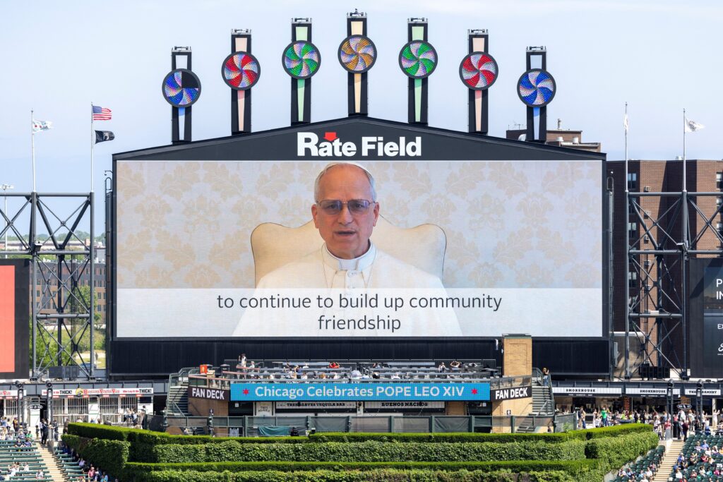 Pope Leo XIV delivers a video message during a public celebration hosted by the Chicago White Sox and the Archdiocese of Chicago for the election of the pontiff ahead of a Mass in his honor at Rate Field in Chicago on June 14, 2025.