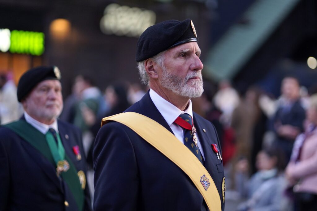 Members of the Knights of Columbus participate in a Eucharistic procession through Midtown Manhattan on October 15, 2024.