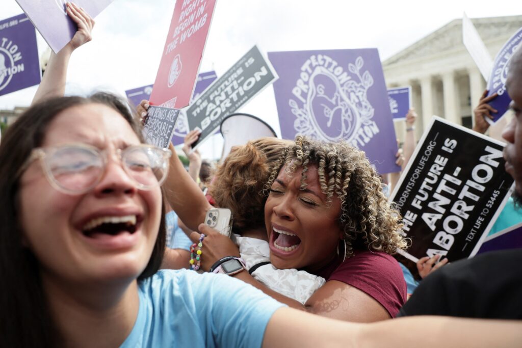 Pro-life demonstrators in Washington celebrate outside the Supreme Court June 24, 2022, as the court overruled the landmark Roe v. Wade abortion decision in its ruling in the Dobbs case on a Mississippi law banning most abortions after 15 weeks.