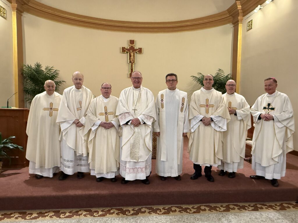 Caption: Cardinal Timothy Dolan (left center), Archdiocese of New York Auxiliary Bishop Edmund J. Whalen (right), and Monsignor Joseph LaMorte (left) celebrated five priests’ respective gold and silver jubilees, Wednesday, June 4, 2025, at the St. John Vianney Clergy Residence in the Bronx.