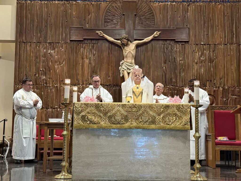 Monsignor Joseph LaMorte (center), vicar general of the Archdiocese of New York, was the principal celebrant at the last Mass for the staff of the New York Catholic Center, on May 28, 2025, at the Church of St. John the Evangelist in Manhattan.