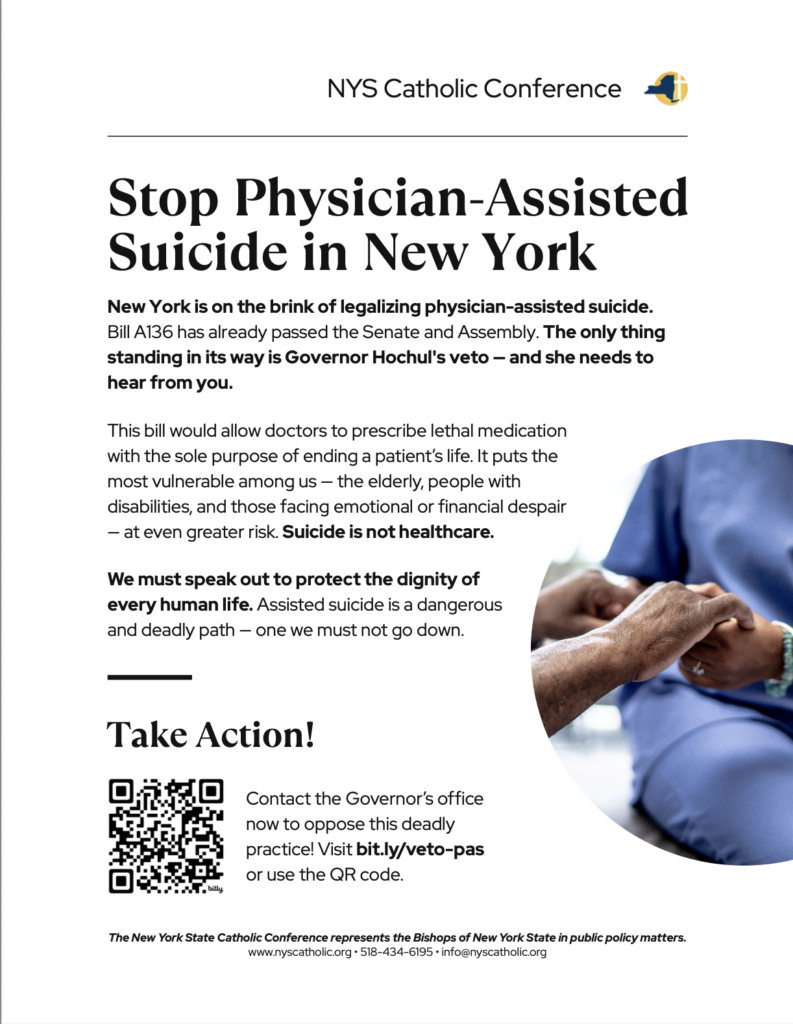 Contact the New York State Governor’s office now to oppose the deadly practice of physician-assisted suicide! Visit bit.ly/veto-pas or use the QR code.