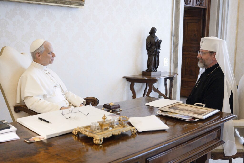 Pope Leo XIV meets with Major Archbishop Sviatoslav Shevchuk of Kyiv-Halych, head of the Ukrainian Greek Catholic Church, in the library of the Apostolic Palace at the Vatican May 15, 2025.