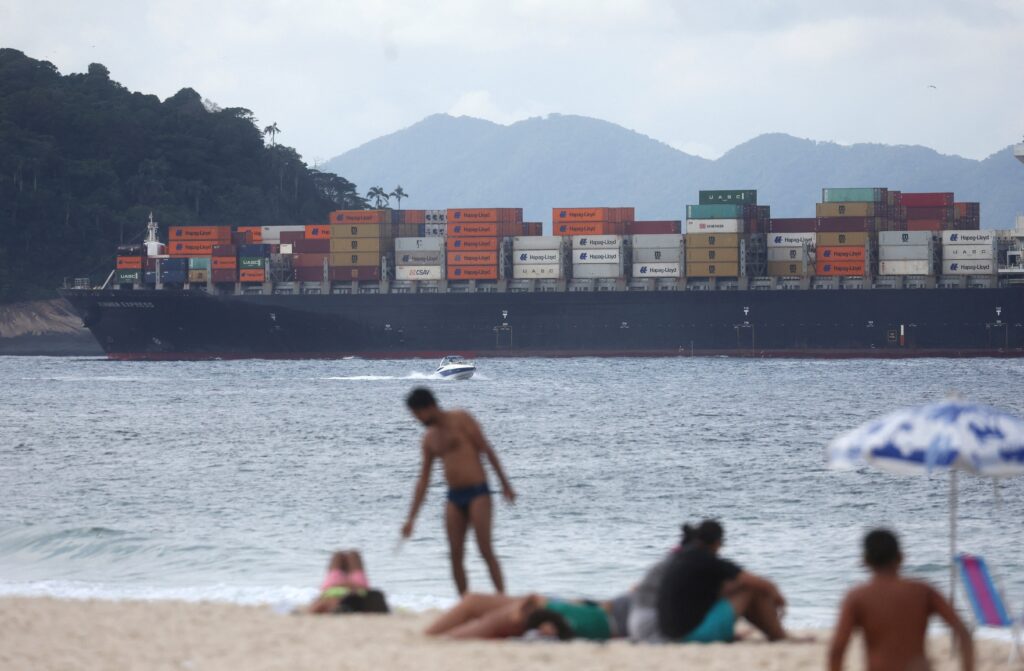 A cargo ship is seen from Copacabana beach in Rio de Janeiro, Brazil July 10, 2025.
