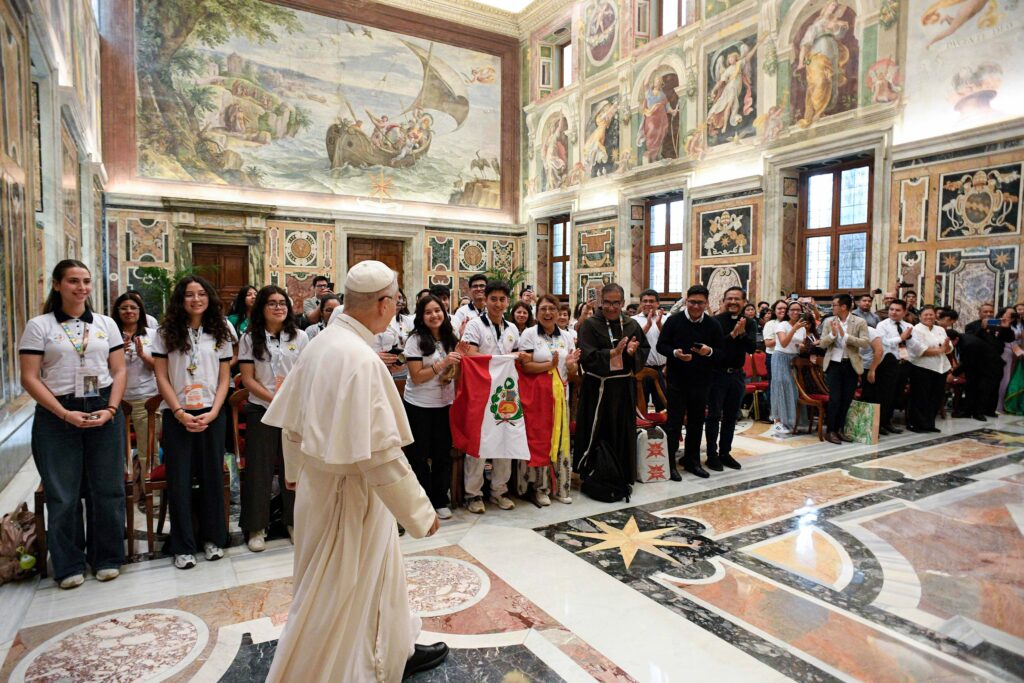 Pope Leo XIV meets with a group of young people from Peru at the Vatican on July 28, 2025, as the Jubilee of Youth kicks off in Rome.