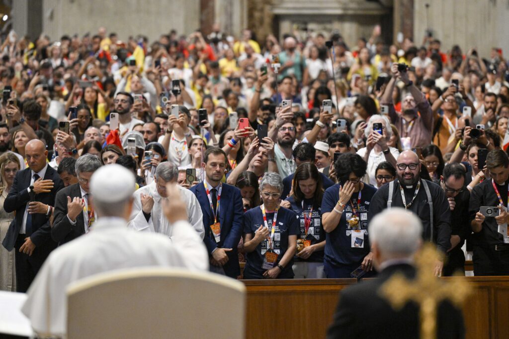 Pope Leo XIV greets participants in the Jubilee of Digital Missionaries and Catholic Influencers after Cardinal Luis Antonio Tagle celebrated Mass in St. Peter’s Basilica at the Vatican, July 29, 2025.