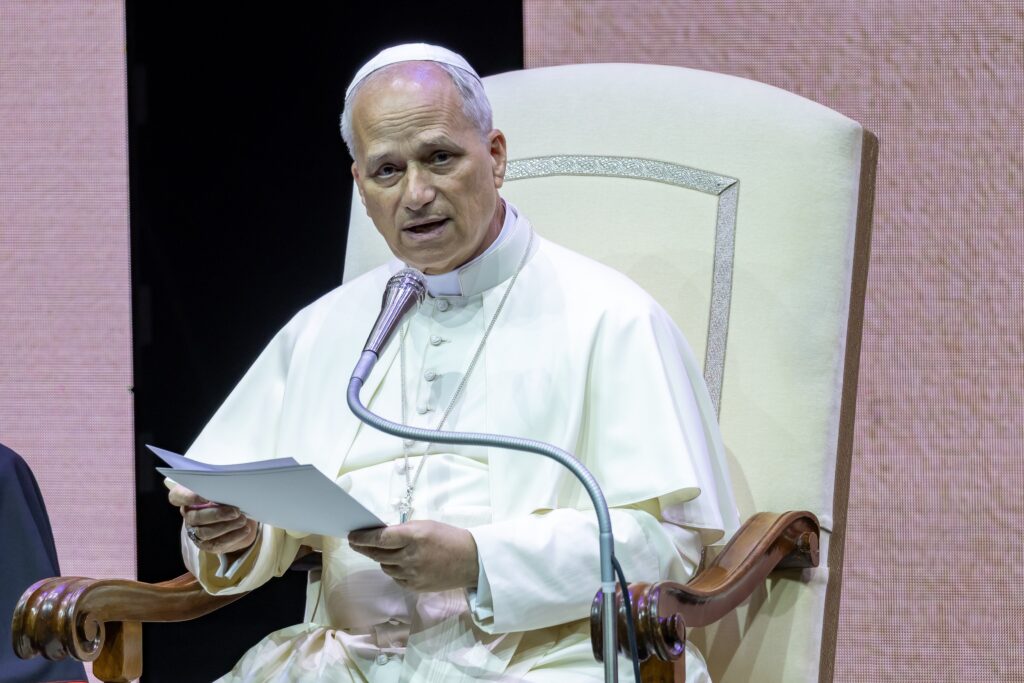Pope Leo XIV speaks during a meeting with priests at a Rome auditorium near the Vatican on June 26, 2025.