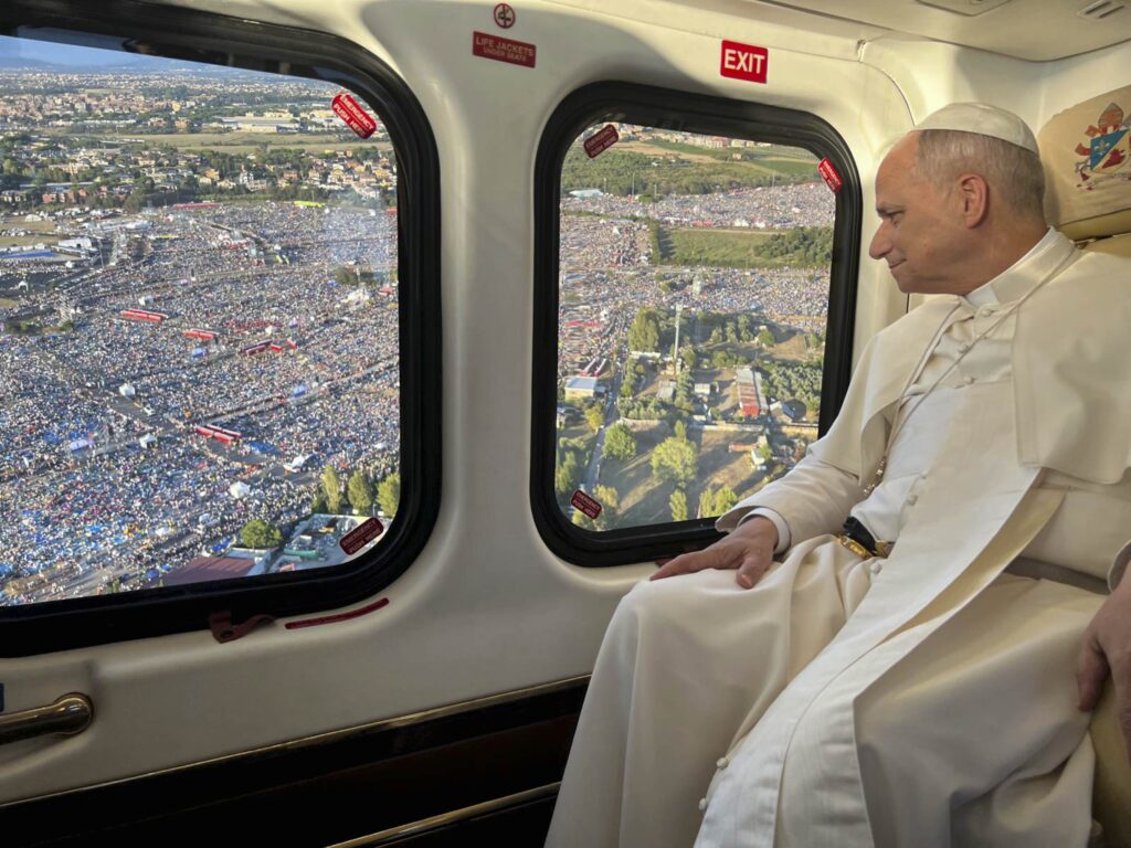 Pope Leo XIV arrives in a helicopter to Tor Vergata in Rome August 2, 2025, to preside over the vigil with hundreds of thousands of young people gathered for the Jubilee of Youth.