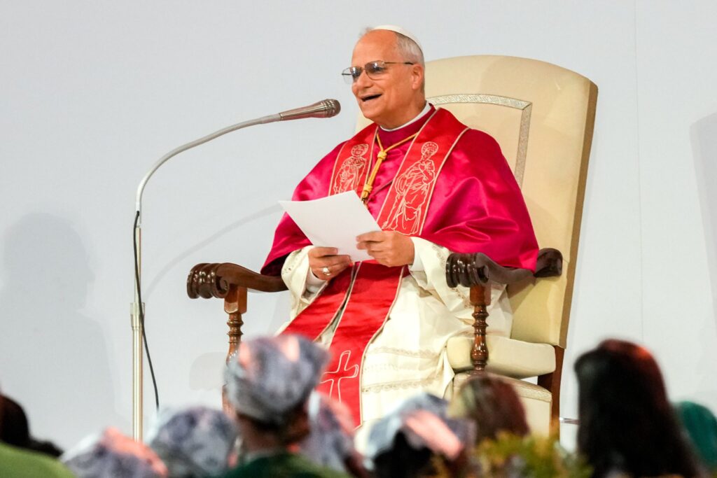 Pope Leo XIV responds to a question from a young person during a prayer vigil at Tor Vergata in Rome on August 2, 2025, as part of the Jubilee of Youth celebrations..