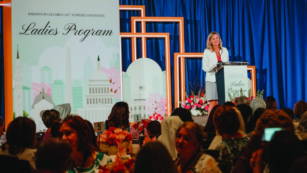 Jeanne Mancini, former president of the March for Life, delivers the keynote address at the Ladies Program on August 6, 2025, during the Knights of Columbus 143rd Supreme Convention in Washington.