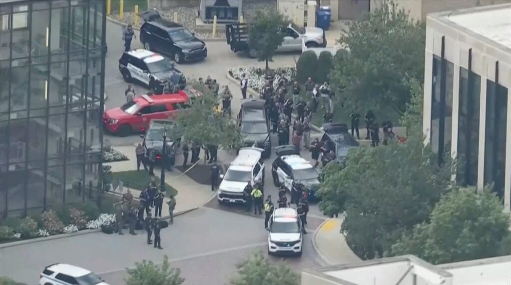 Police officers respond to reports of an active shooter at Villanova University in Pennsylvania, August 21, 2025, in this screen grab taken from video.