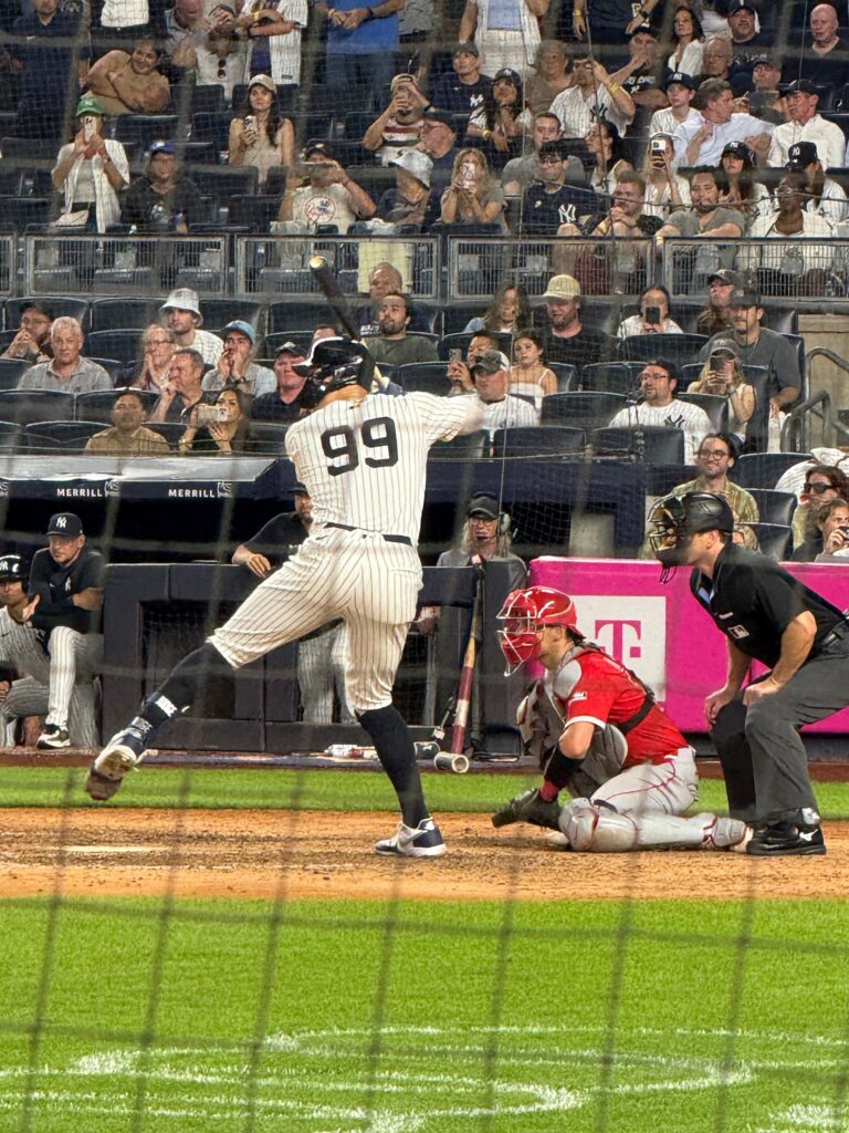 New York Yankees outfielder Aaron Judge (no. 99) prepares to swing during the Yankees’ June 18, 2025, game against the Los Angeles Angels at Yankee Stadium. Photo by Steven Schwankert/The Good Newsroom.