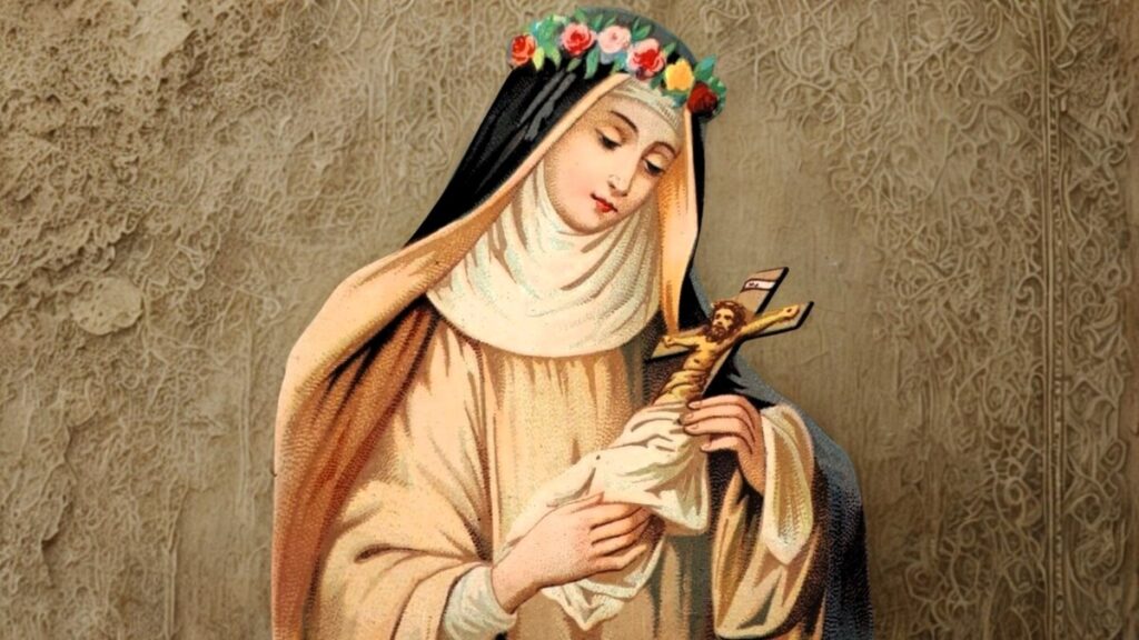 Santa Rosa de Lima es popularmente retratada de esta manera, y su imagen se encuentra en estampas de oración por todo el mundo.