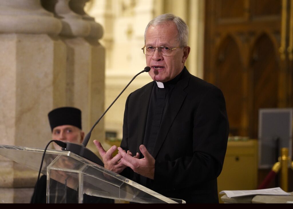 Monsignor Peter Vaccari, president of the Catholic Near East Welfare Association, speaks during a news conference on March 24, 2022, at St. Patrick's Cathedral in Manhattan.
