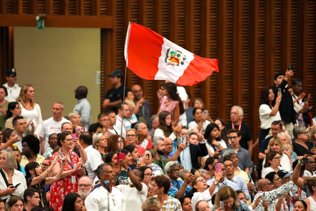 Pilgrims raise the flag of Peru as Pope Leo XIV arrives in the Paul VI Audience Hall at the Vatican for his weekly general audience on August 13, 2025.