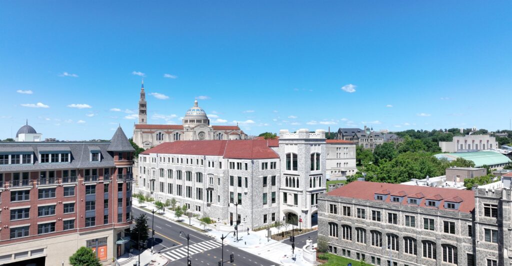 A drone photo shows the campus of The Catholic University of America in Washington May 31, 2024.