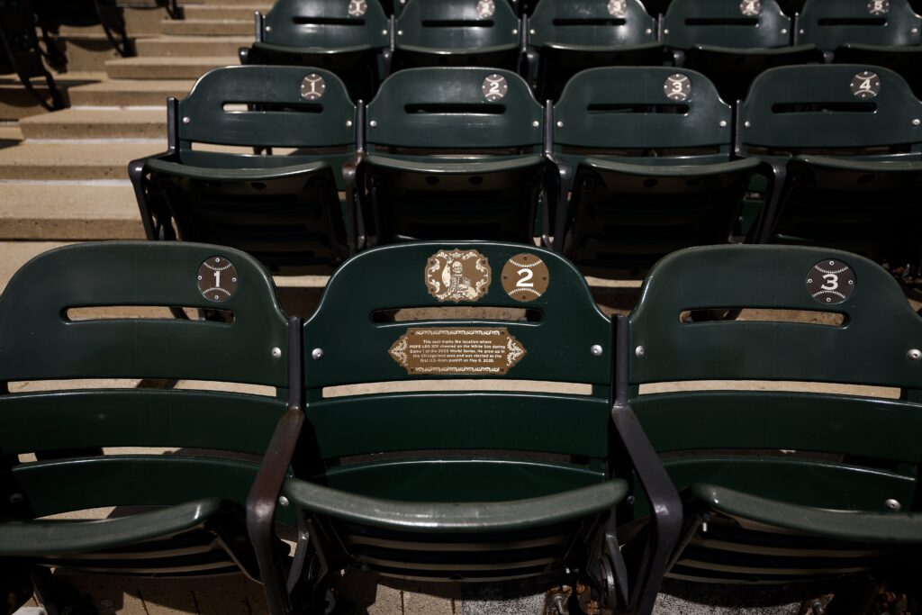 An August 23, 2025, photo shows a plaque dedicated to Pope Leo XIV on a seat inside Rate Field, home of the Chicago White Sox baseball team. Since August 22, 2025, baseball fans have been able to easily spot the stadium seat where Pope Leo, then-Augustinian Father Robert Francis Prevost, sat when he watched the first game of the 2005 World Series.