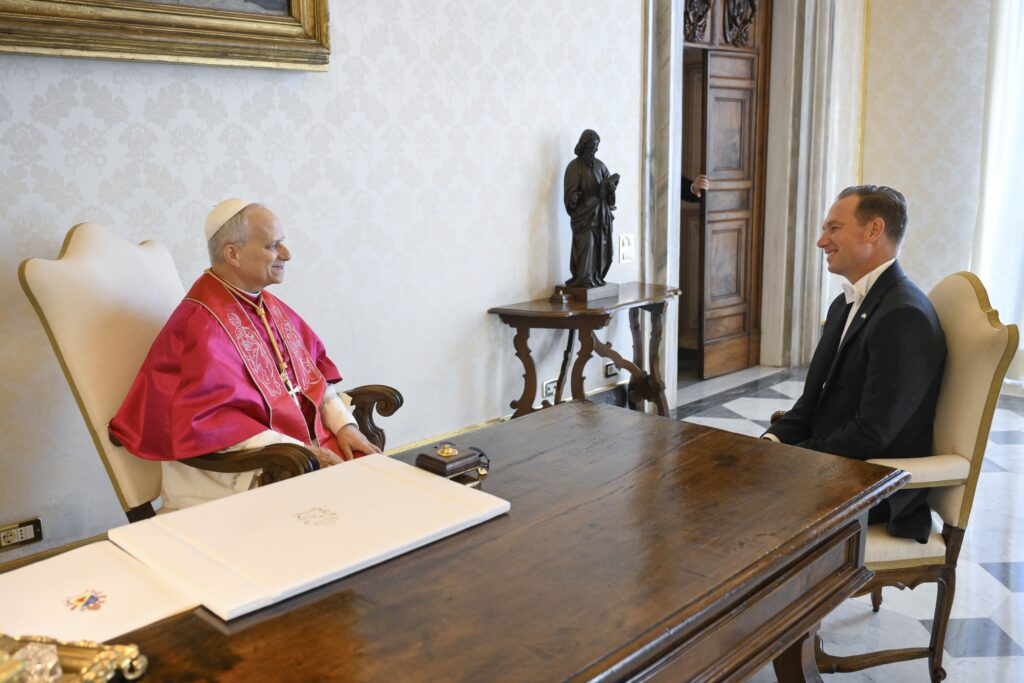 Pope Leo XIV meets with Brian F. Burch, the new U.S. ambassador to the Holy See, in the library of the Apostolic Palace at the Vatican September 13, 2025.