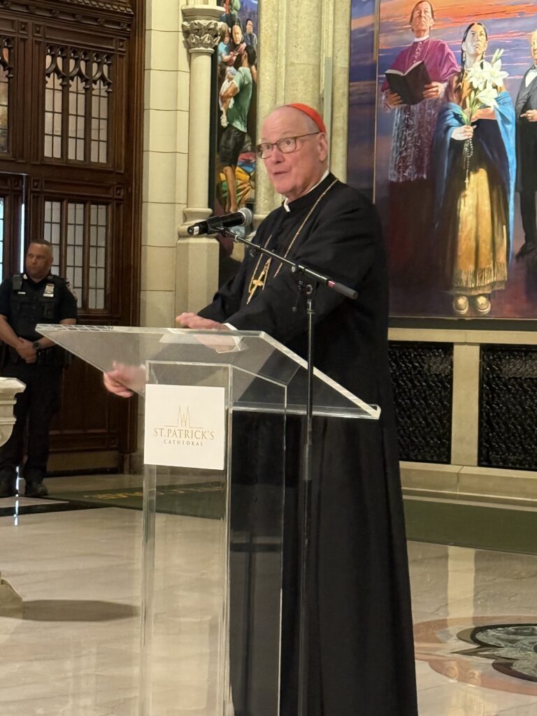 Caption: Cardinal Timothy Dolan speaks at St. Patrick’s Cathedral on September 18, 2025.
