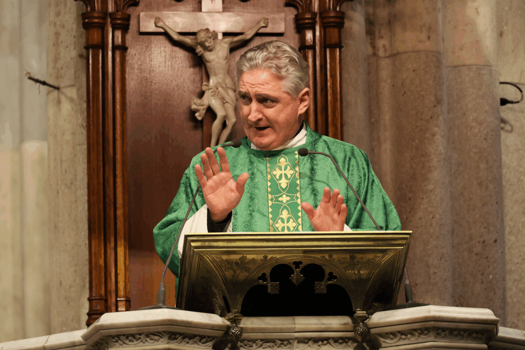 Father Richard Gibbons, rector of the Knock Shrine in Ireland, delivers the homily at the Mass of dedication for the new mural at the entryway to St. Patrick’s Cathedral in Manhattan, September 21, 2025.
