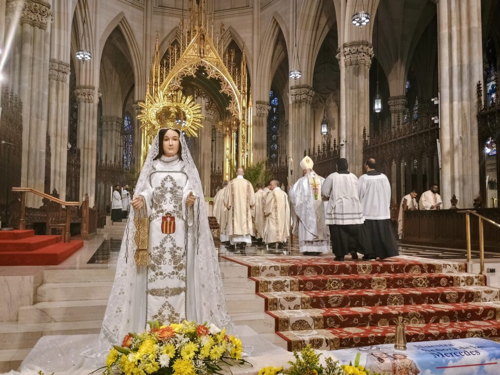 Bishop Joseph Espaillat and concelebrants enter the sanctuary at the start of the annual Mass honoring Our Lady of Mercedes at St. Patrick’s Cathedral, Sunday, September 21, 2025.