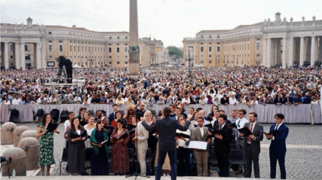 The choir of the Church of St. Paul the Apostle in Manhattan performs for Pope Leo XIV during his general audience in St. Peter's Square on September 24, 2025.