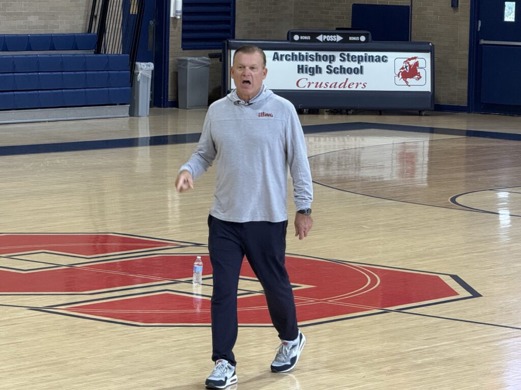 University of Illinois men’s basketball coach Brad Underwood presents his “race, pace, and space” philosophy to participants of Archbishop Stepinac High School’s 2025 Coaches Clinic, held September 24 in White Plains.