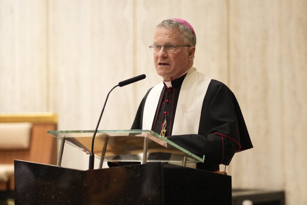 Archbishop Timothy P. Broglio of the U.S. Archdiocese for the Military Services, president of the U.S. Conference of Catholic Bishops, delivers his reflection during the annual prayer service for United Nations diplomats at Holy Family Church in Manhattan, September 8, 2025.
