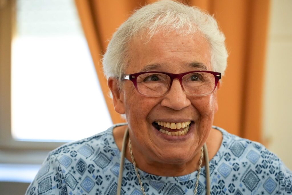 Sister Veronica Mendez, a member of the Sisters of Our Lady of Christian Doctrine, smiles as she speaks with Catholic News Service during the meeting of the U.S. National Catholic Council for Hispanic Ministry in Rome in conjunction with the Jubilee for Migrants, October 3, 2025.